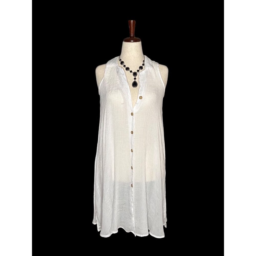 Sleeveless White Button-Down Tunic Dress By Mlle Gabrielle Medium Lightweight